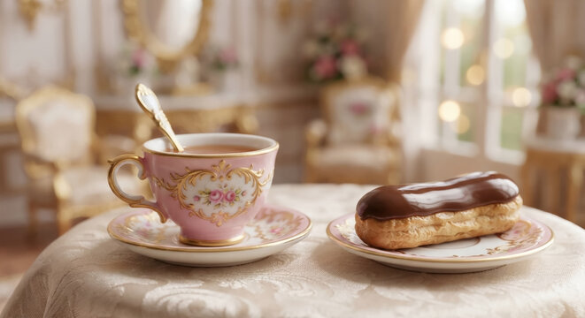 Miniature diorama tea time set of a chocolate eclair and a vintage tea cup on a lace tablecloth.