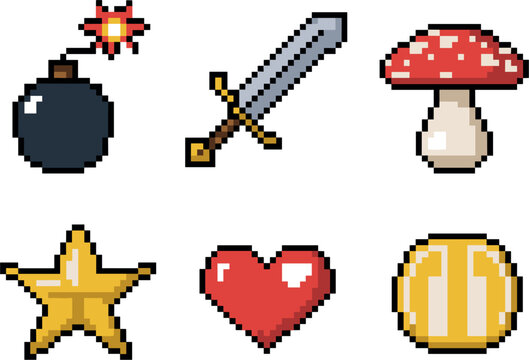 Retro pixel art game icon set, colorful 8bit weapon and item elements vector