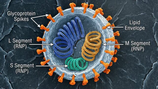 Hantavirus virion, demonstrating internal tripartite RNA genome segments, lipid envelope structure, and external glycoprotein spikes, visualizing complex infectious disease pathogen.