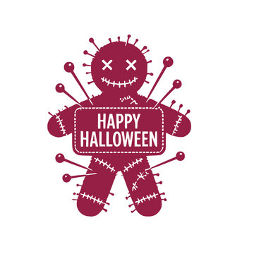 Happy Halloween!!! Vintage dark red Happy Halloween typography badge featuring a creepy stitched voodoo doll monster pierced with sharp pins vector graphic design element