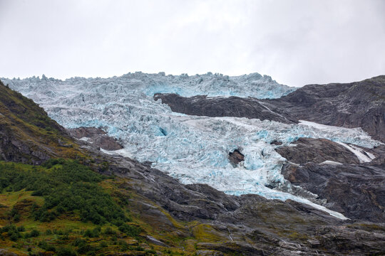 Briksdal Glacier in Western Norway With Blue Ice Formations