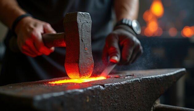 Blacksmith forging metal with hammer on anvil, glowing red hot steel heated in furnace, artisan craftsmanship in action, creating tools and shapes in workshop environment.