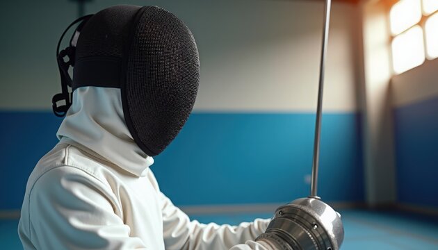 Fencing athlete wearing protective gear with fencing sword in training environment. Fencing practice involves focused techniques and dedicated athletes honing their skills.