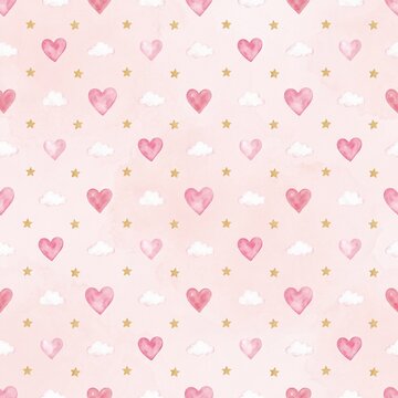 Pink Watercolor Hearts Clouds and Gold Stars Seamless Pattern
