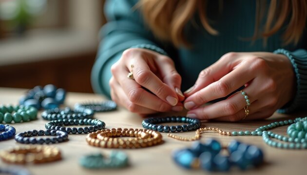 Jewelry making with hands assembling colorful beads and bracelets on wooden table. Jewelry crafting includes various beads and materials, creating unique accessories.