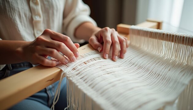 Weaving process with hands working on loom, creating fabric with threads and yarn, intricate craftsmanship shown in textile art. Conceptual weaving activity for hobbyists and artisans.