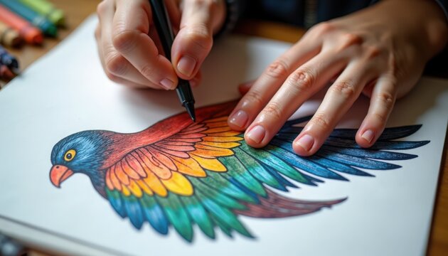 Colorful bird art creation with hands holding pencil over drawing of vibrant parrot and intricate feather patterns. Illustrative art showcases meticulous details and creativity in bird illustration.