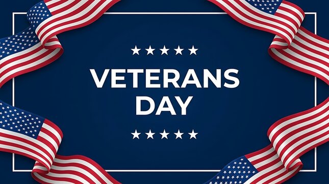 Veterans day celebration background with american flag ribbons and stars on a dark blue festive backdrop