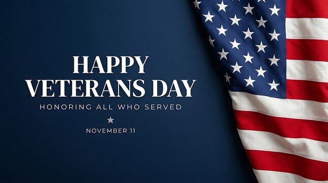 Happy veterans day greeting card with a waving american flag on a dark blue background for patriotic celebration