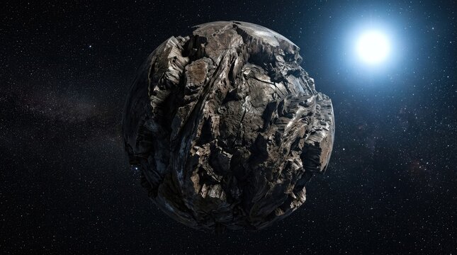 Stripped gas giant core, hyperdense rocky super earth skeleton showing highly fractured mineral crust, exposed metallic silicates drifting near bright white dwarf star under dark deep space vacuum.