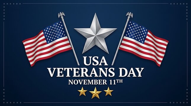 Usa veterans day celebration graphic with american flags and a metallic star on a dark blue background
