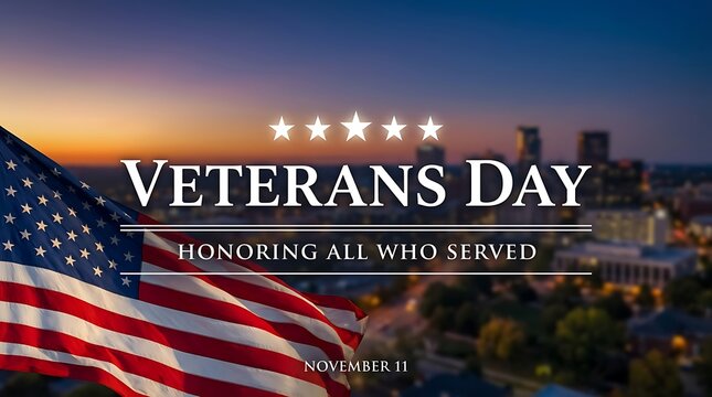 Patriotic veterans day background featuring an american flag waving against a beautiful sunset city skyline view