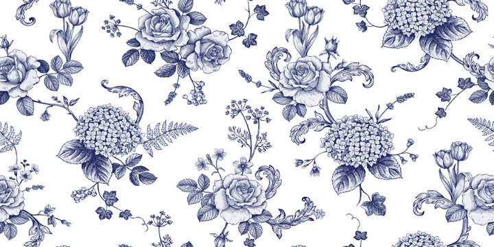 Delicate blue floral pattern on white background with roses and hydrangeas vintage toile design