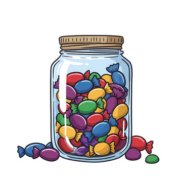 Colorful candies in a glass jar isolated on transparent background