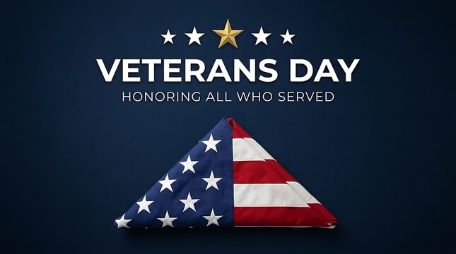 Veterans day background featuring a folded american flag and stars on a dark blue navy blue backdrop