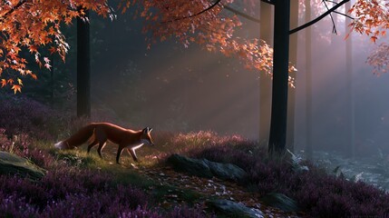 Fototapeta premium Fox walking in a forest with autumn leaves and sunlight shining through trees in the background