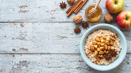 Naklejka premium A rustic top down view of a light blue bowl filled with warm oatmeal topped with diced apple pieces and star anise next to fresh apples honey cinnamon sticks and whole walnuts