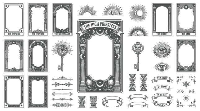 Mystical tarot card frames and celestial occult symbols, vintage esoteric illustration set with sun and moon icons, black and white magic vector elements