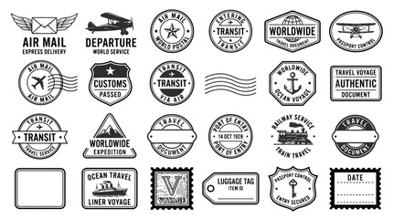 Obraz premium Vintage travel stamps and passport marks collection, 24 retro postal mail icons, antique air mail and transit rubber stamp vector set