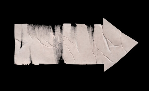 Torn, ripped paper pieces wave crack crumbled arrow collage. Black and beige white grunge copy space texture wrinkle poster background.