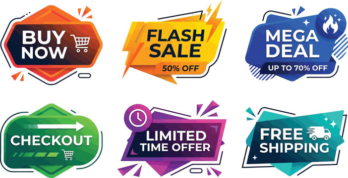 Dynamic Promotional Banners Set Featuring Vibrant Geometric Labels for Online Retail Marketing and Ecommerce Sales Promotion Campaigns