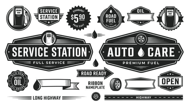 Vintage service station labels and auto care badges, retro gasoline station vector set, black and white automotive repair shop emblems