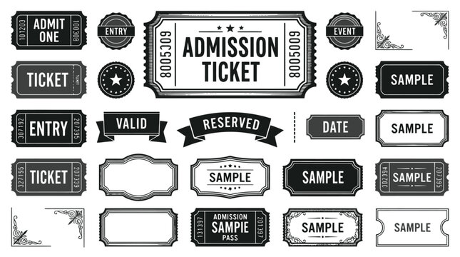 Vintage admission ticket collection, retro cinema and event entry passes, black and white vector set of 25 design elements for theater and shows