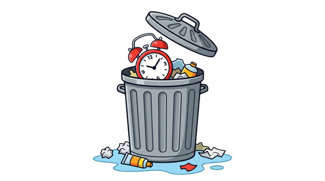 Alarm clock inside a trash can. Wasting time concept with garbage bin and deadline.