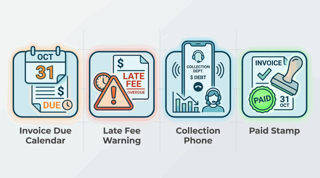 Accounts Receivable and Invoice Payment Illustration Set with Invoice Due Calendar, Late Fee Warning, Collection Call and Paid Invoice