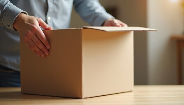 Unpacking cardboard box on wooden table with hands lifting flaps, emphasizing contents discovery and excitement. Unpacking process includes careful handling of box and its contents.