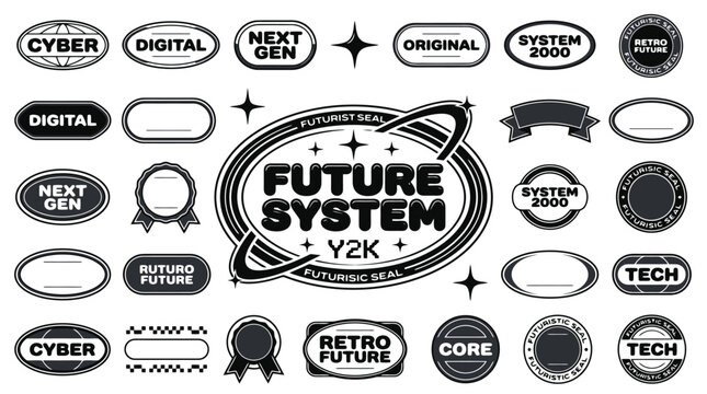 Y2K retro futuristic logo set, 25 cyber aesthetic badges and tech stickers, black and white future system vector elements for streetwear design