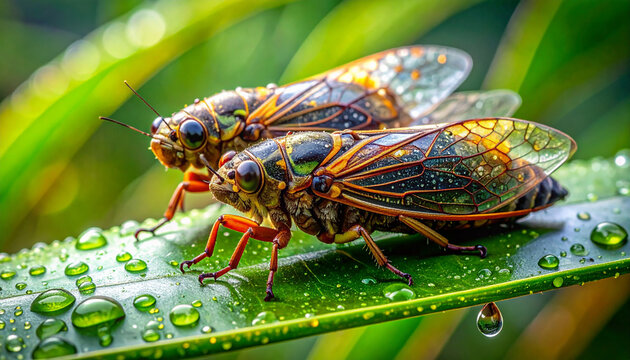 Close-up of two cicadas on a wet leaf in macro photography