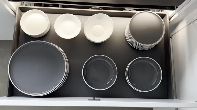 Top view of kitchen drawer filled with neatly arranged plates and bowls, illuminated by soft lighting in a modern kitchen setting