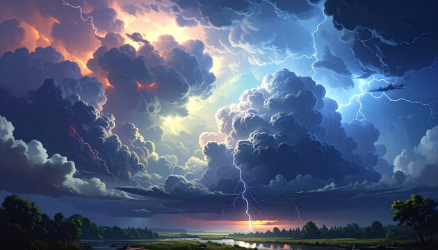 Dramatic thunderstorm with lightning over a landscape