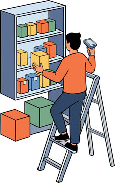 Warehouse Worker Scanning Packages on Shelves with Barcode Scanner