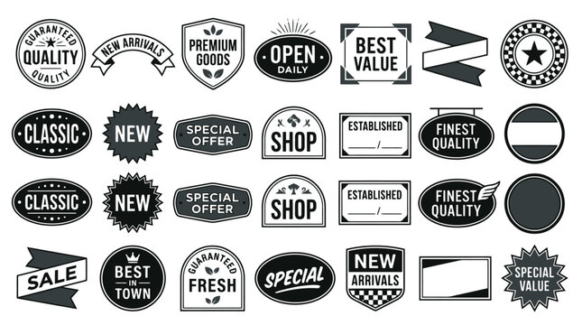 Vintage retro badge collection, 28 black and white vector labels, premium quality shop stickers and retail marketing icons for branding