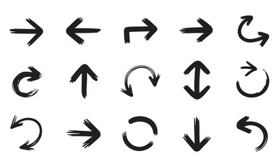 Fototapeta premium Set of black ink hand drawn arrow shapes for various design projects isolated on white background art.