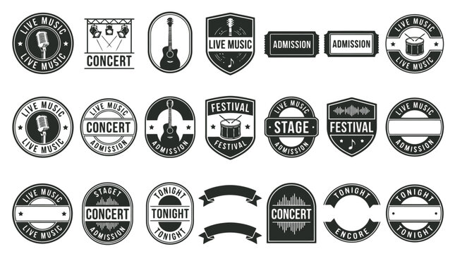 Vintage live music badges and concert festival labels, set of 21 black and white vector icons, retro admission ticket and stage performance emblems