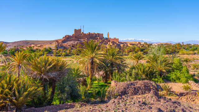 Visitors can see Tifoultoute Kasbah standing on a hill. The fortress has old buildings and is surrounded by greenery. The sun shines brightly on the oasis with palm trees below.