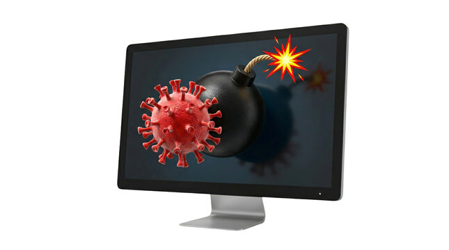 Computer monitor with virus bomb graphic. Digital threat concept with malware explosion.