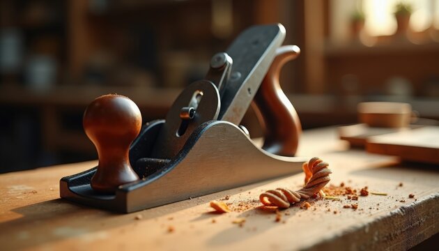 Woodworking plane on wooden workbench with shavings and sawdust from woodworking project. Woodworking tools create fine details in craftsmanship and design, essential for carpentry projects.