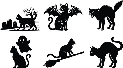 Naklejka premium Halloween black cat vector silhouettes spooky feline set