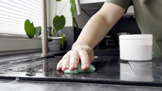 Female hand washing kitchen countertop with sponge and cleaning solution, water droplets visible, plants in background, modern kitchen setting
