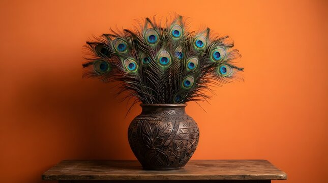 A beautiful, rustic ceramic vase with intricate carved patterns holds a vibrant, full arrangement of peacock feathers against a warm, solid, bright orange studio background.