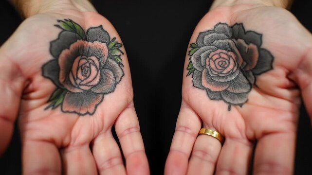 Man showing palm with rose tattoo. Male hands held open displaying detailed floral ink art. Close up of skin body modification and creative ornamental design style.