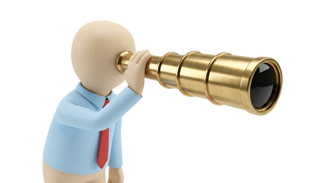 3D character looking through a telescope. Businessman searching for new business opportunities.