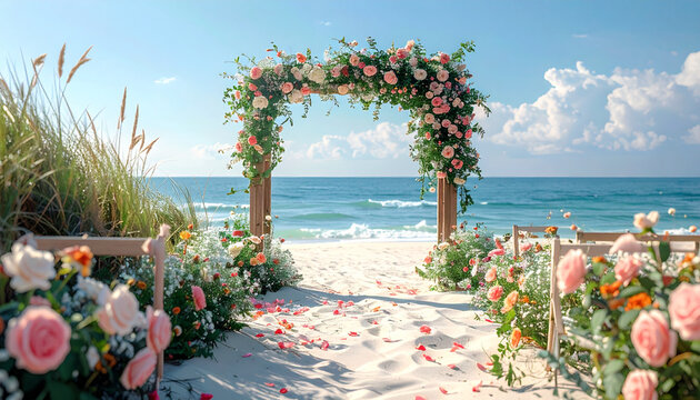 Beach wedding arch decorated with flowers by the sea