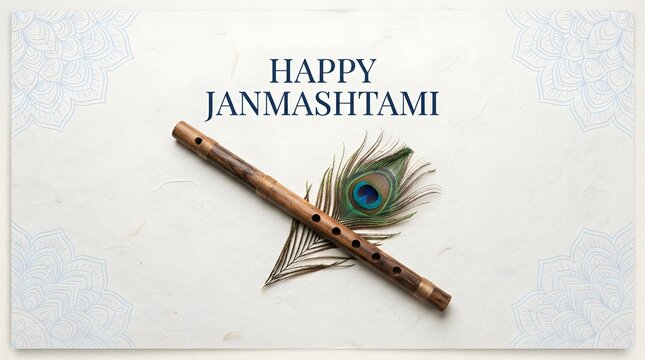 A beautiful top down view of a traditional wooden flute and a vibrant peacock feather placed on a textured off white background for Janmashtami greeting card
