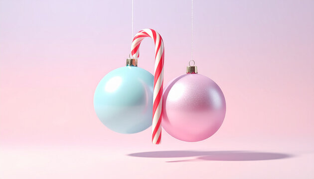 Candy Cane and Christmas Ornaments on Pink Background