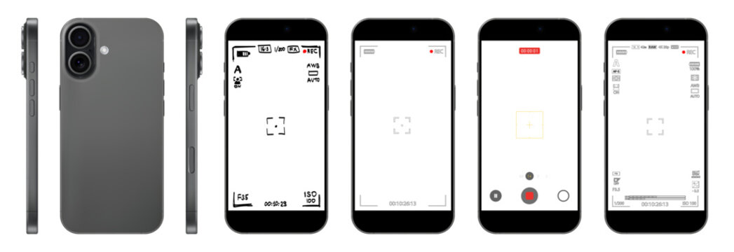 Mobile phone camera rec overlay mockup pack isolated. Recorder cam display. Video or photo recording screen. Viewfinder Layout template. Vector png